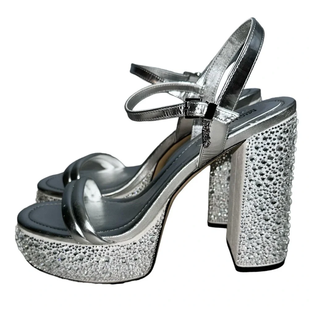 Michael Kors size 9 Laci Embellished Metallic Silver‎ Leather Platform Sandals